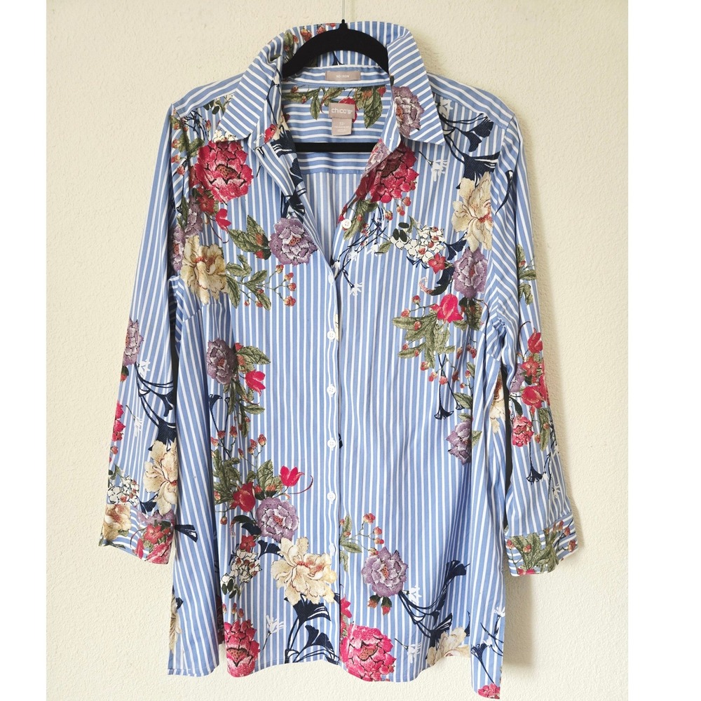 Chico's 3 No Iron Striped Floral Button Down Shirt Blue White Pink Womens 16-18 - Picture 8 of 8